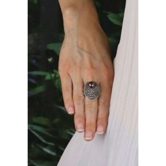 Sterling Silver Brown Pearl and Marcasite Ring Size 7 - Picture 2 of 7